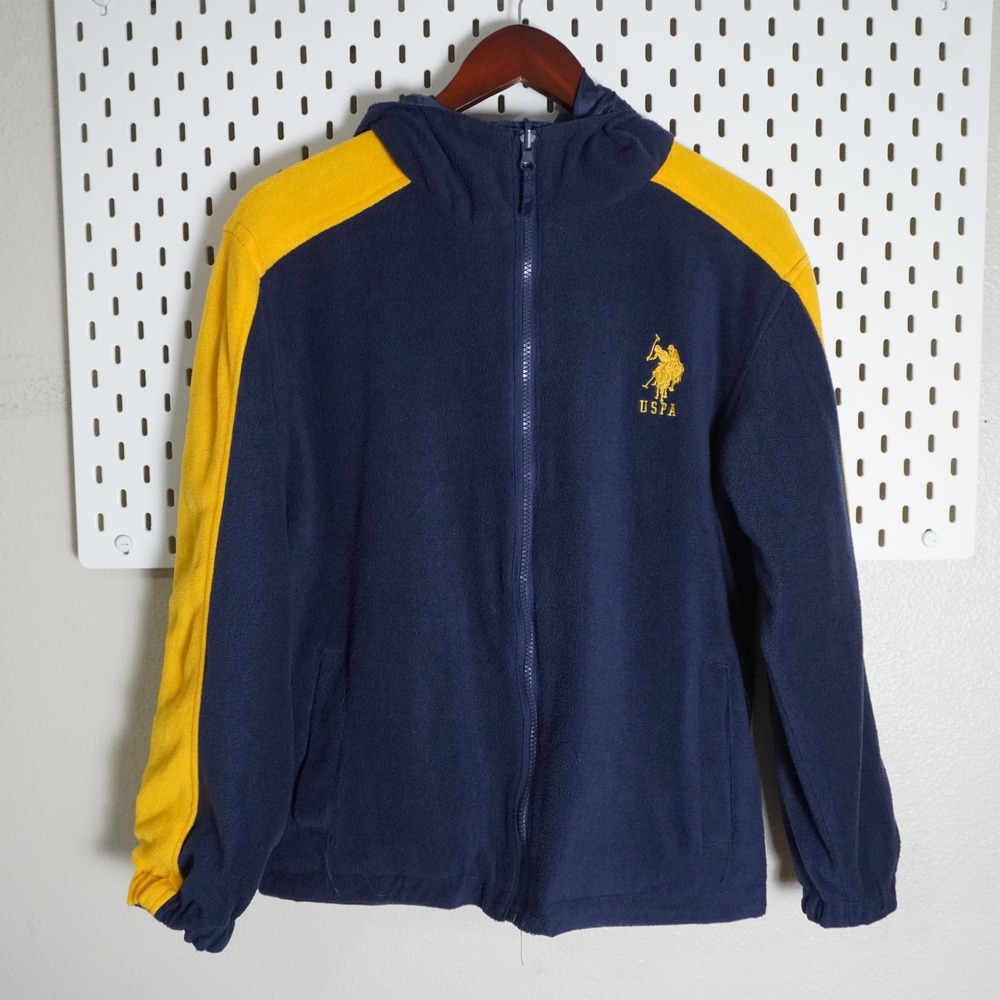 US‎ Polo Assn Kids Fleece Full Zip Hoodie Jacket Navy Blue Yellow Size L
